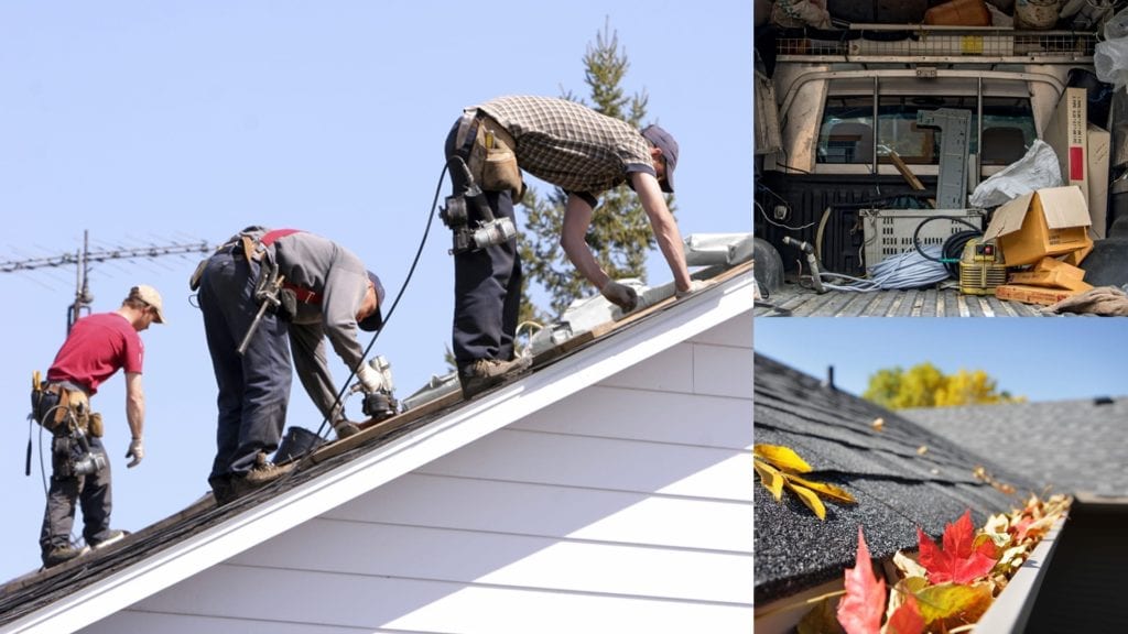 montage of roofers working on a roof, their truck, and leaves in a gutter