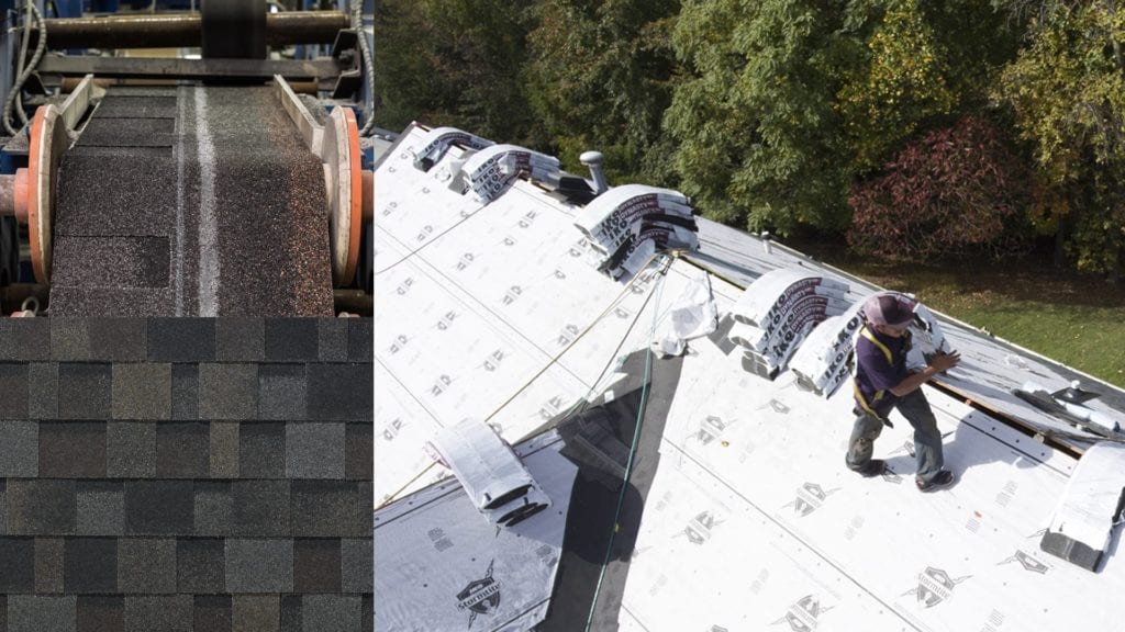 montage of roofer on a roof, shingles being manufactured, and a shingle swatch
