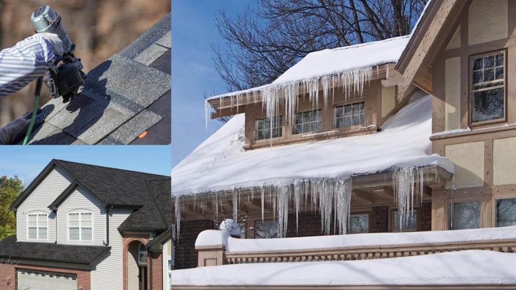 montage of a house in summer, a house in winter, and shingle installation with a nail gun