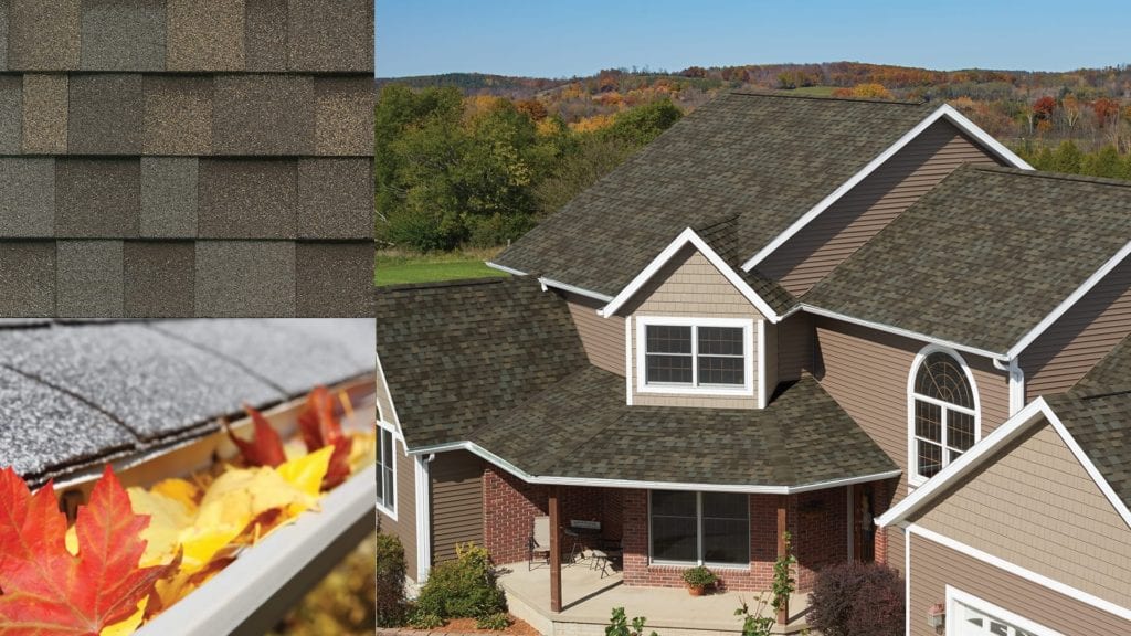 montage of a house, shingles, and leaves in a gutter
