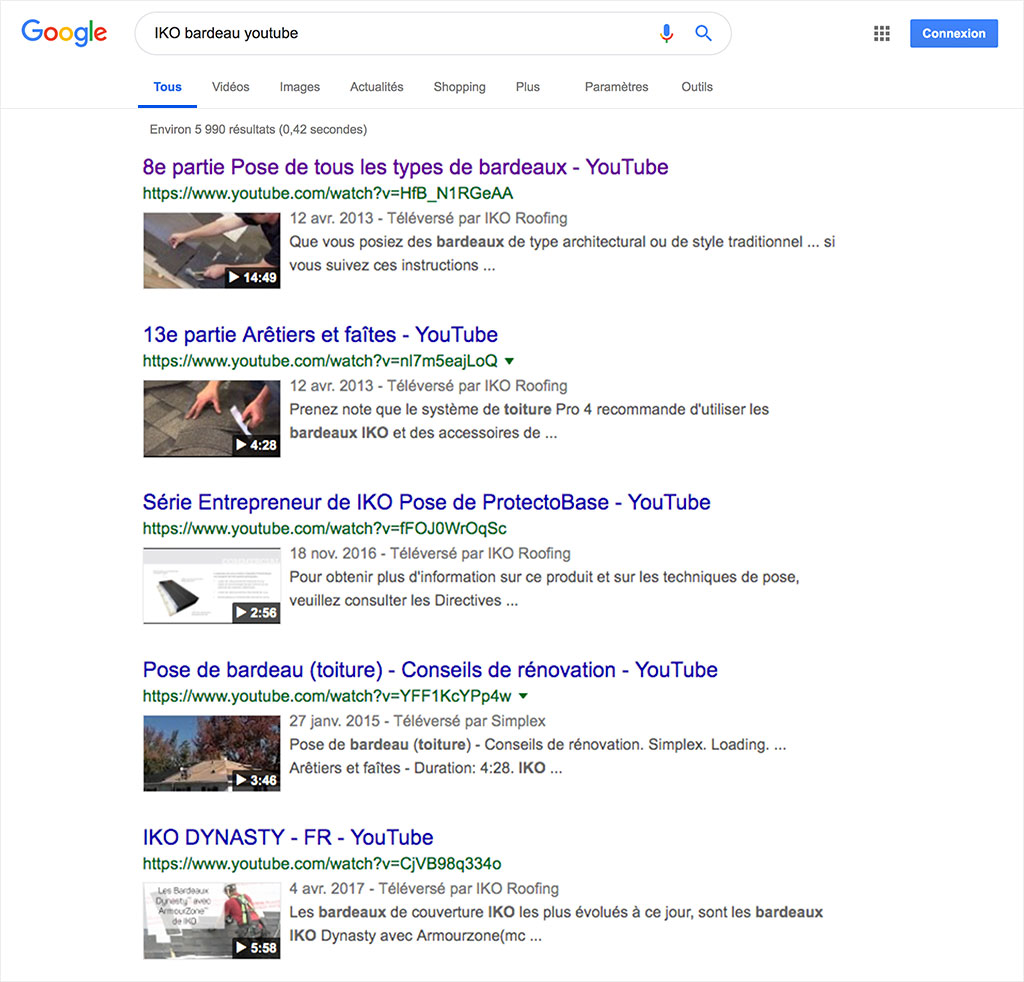 Youtube video on SERP