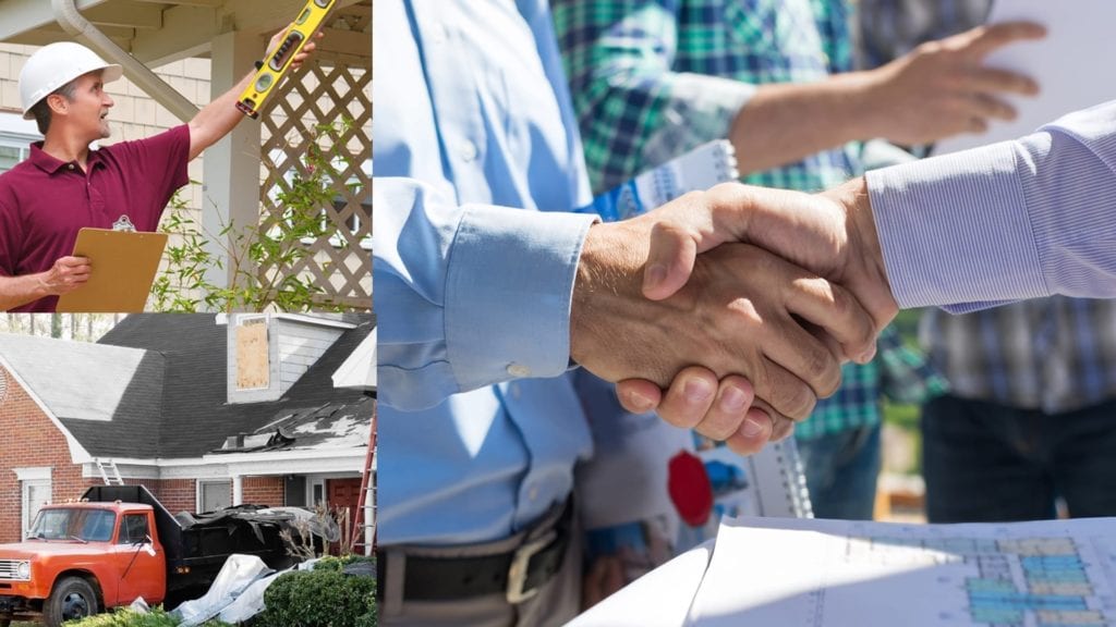 montage of handshake, worker with a level, and roofing truck