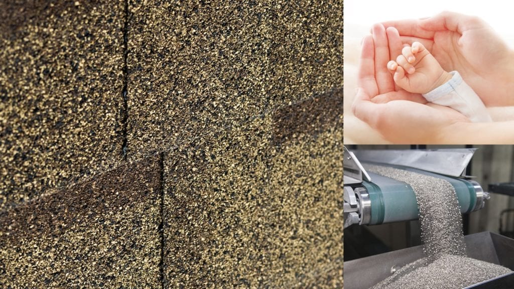 montage of shingles, roofing granules, and a baby's hand
