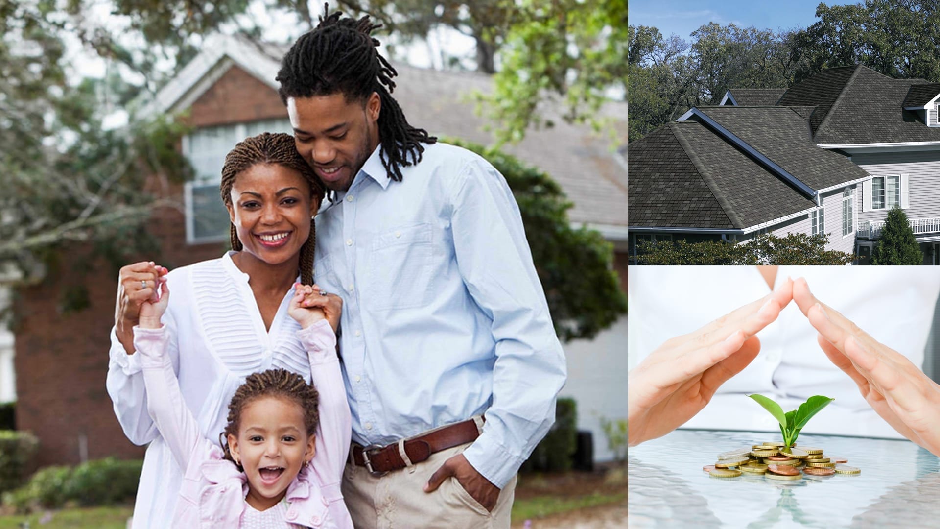 montage of a home and family and small plant