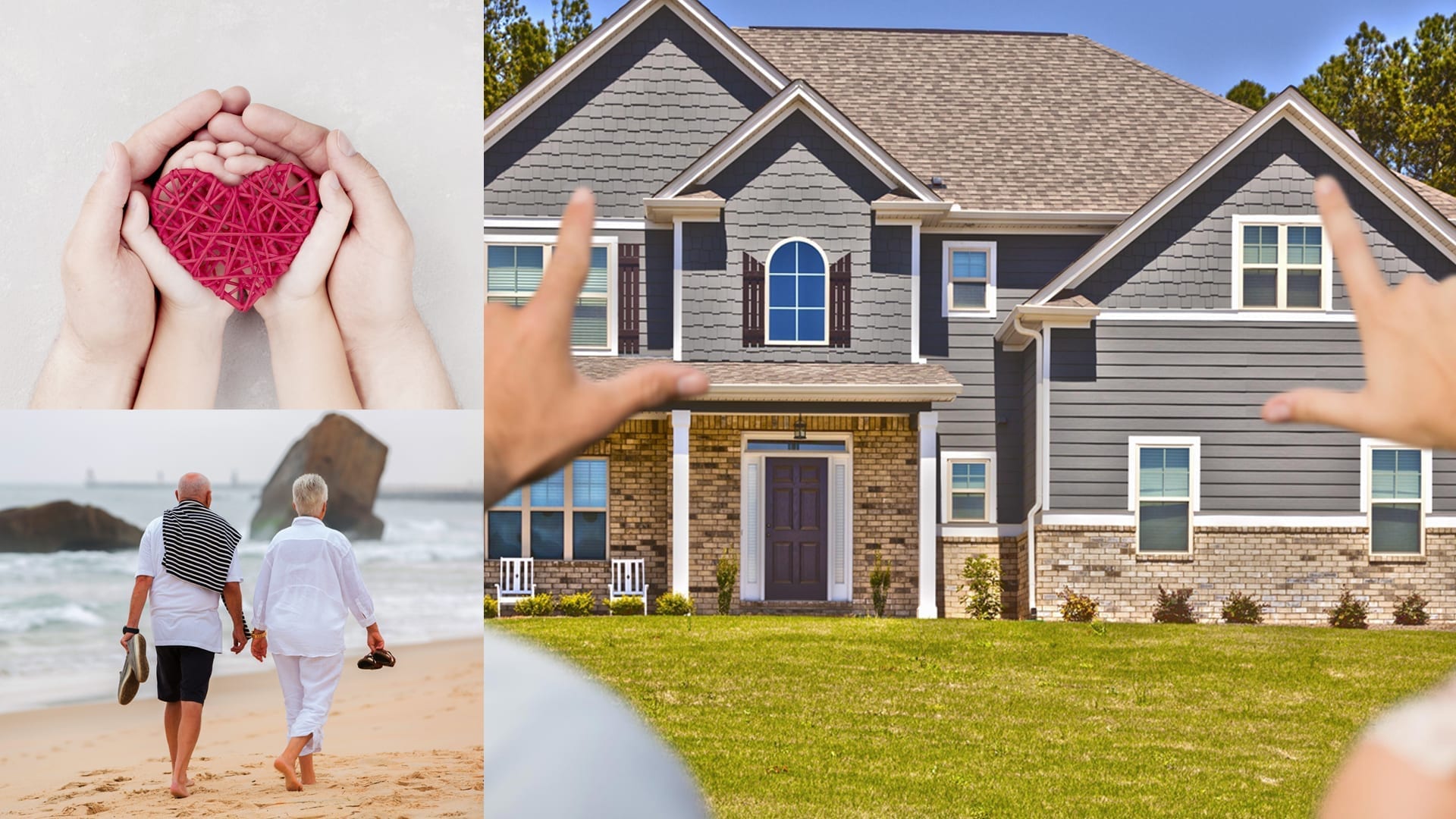 montage of house, couple on a beach, and a heart