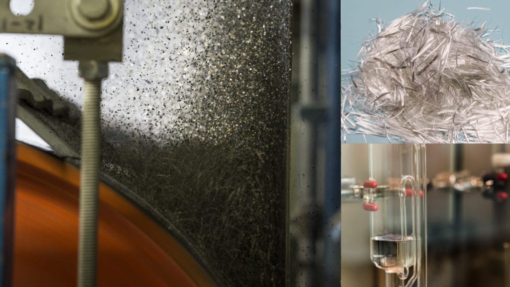montage of scientific glassware, fiberglass fibers, and roofing manufacturing