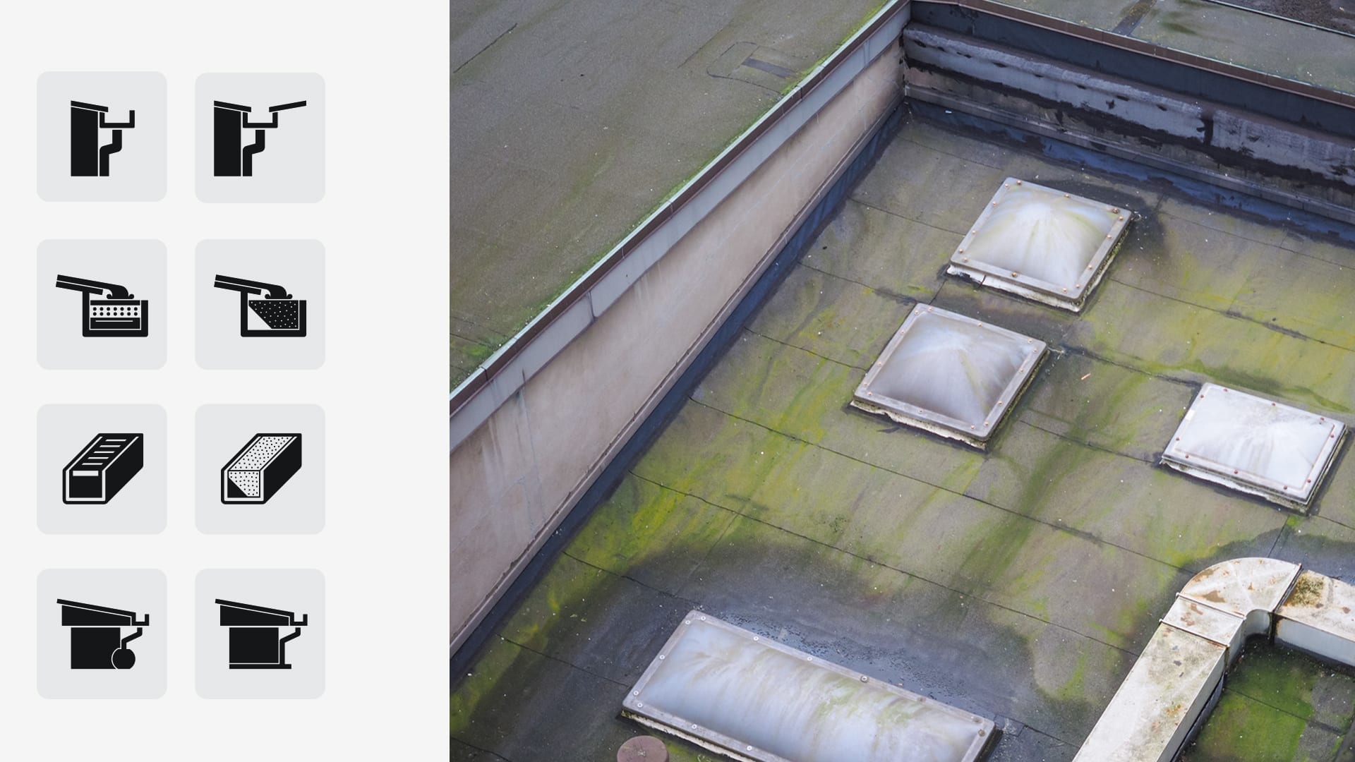 water on flat roof with skylights - aerial view