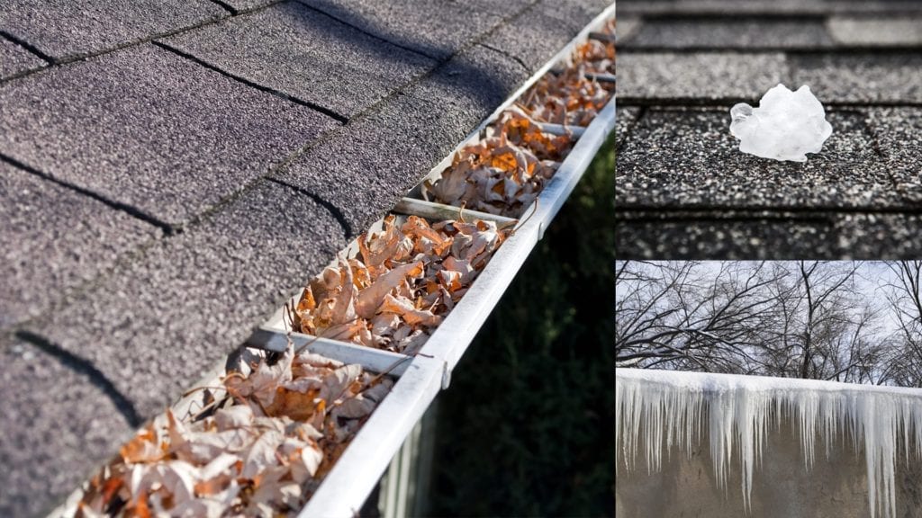 montage of clogged gutter, hailstone, and icicles