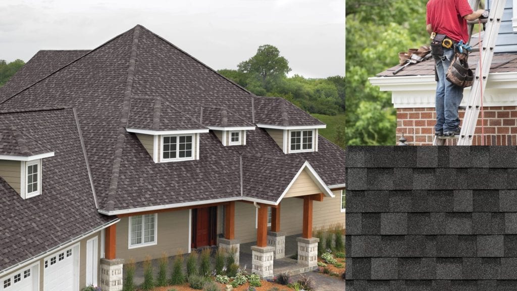 montage of a grey shingle roof, shingle swatch, roofer on a ladder