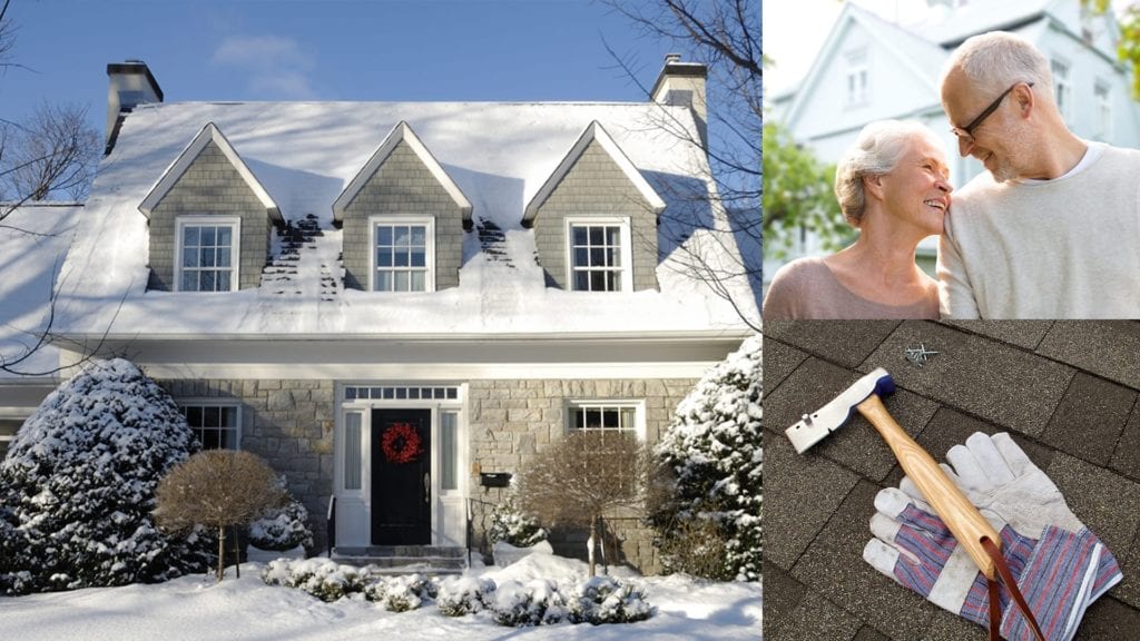 montage of a couple, roofing tools, and a house in winter