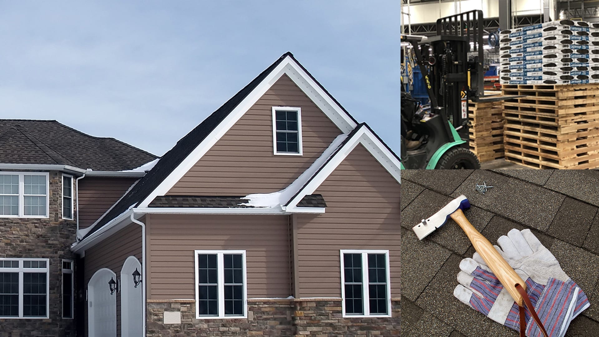 montage of shingles on pallets, a house, and roof tools