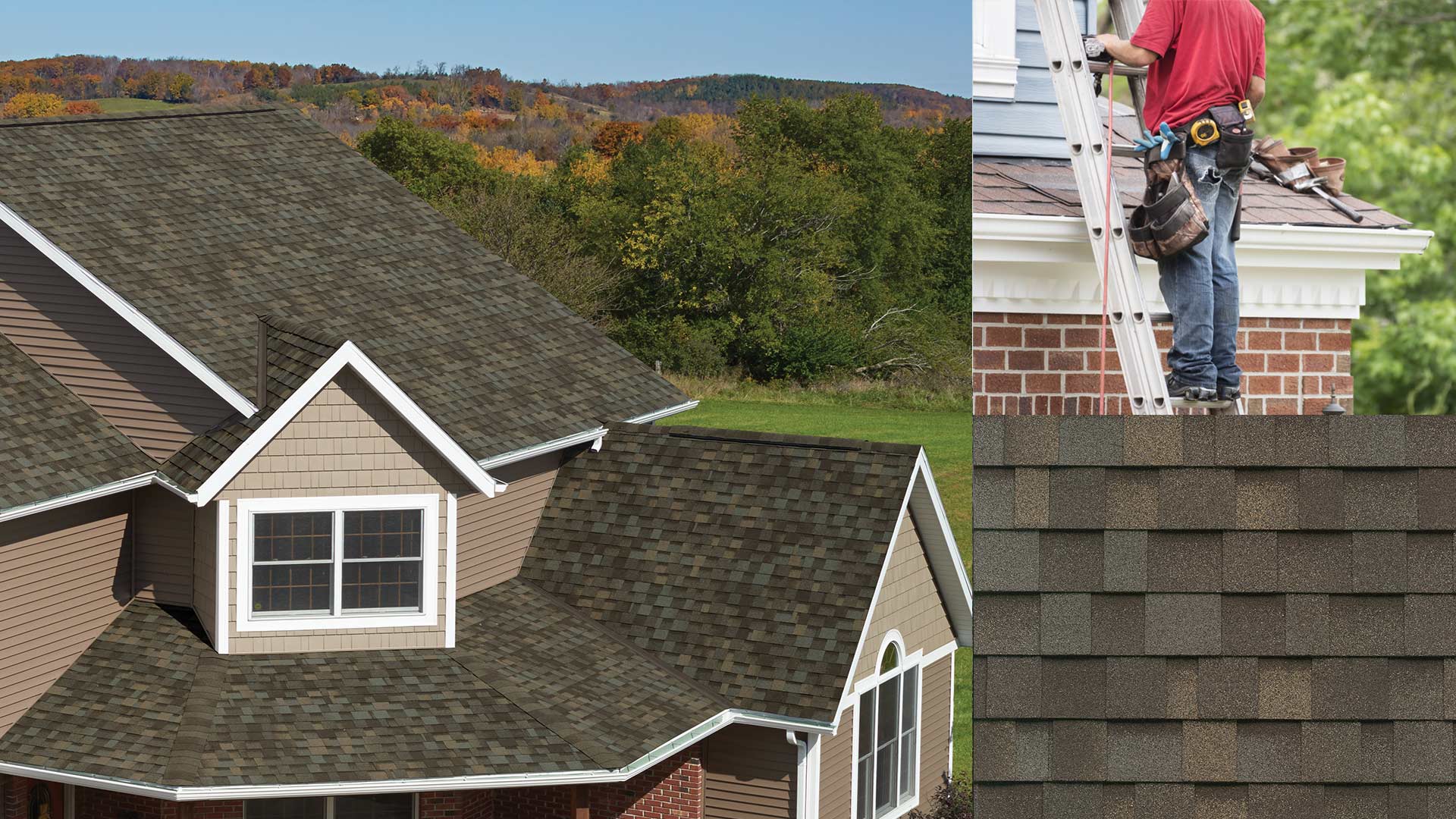 montage of a house, shingles, and a worker on a ladder
