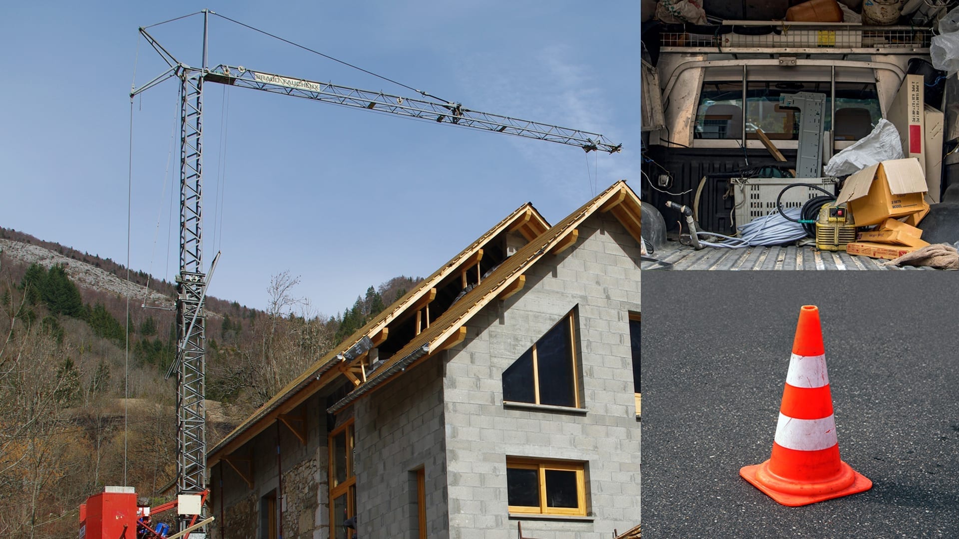 montage of a construction crane, work truck, and traffic cone