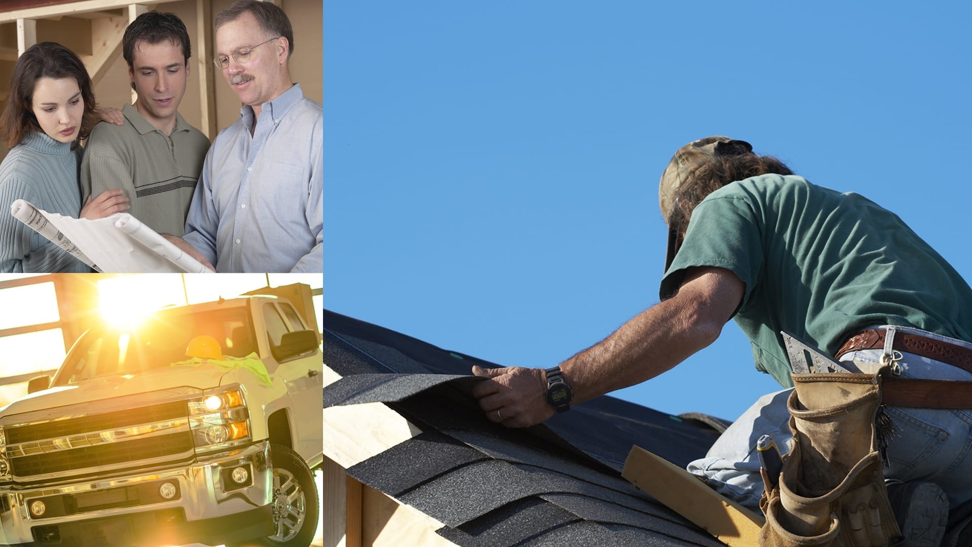 montage of roofer installing shingles, a truck, and people looking at a document