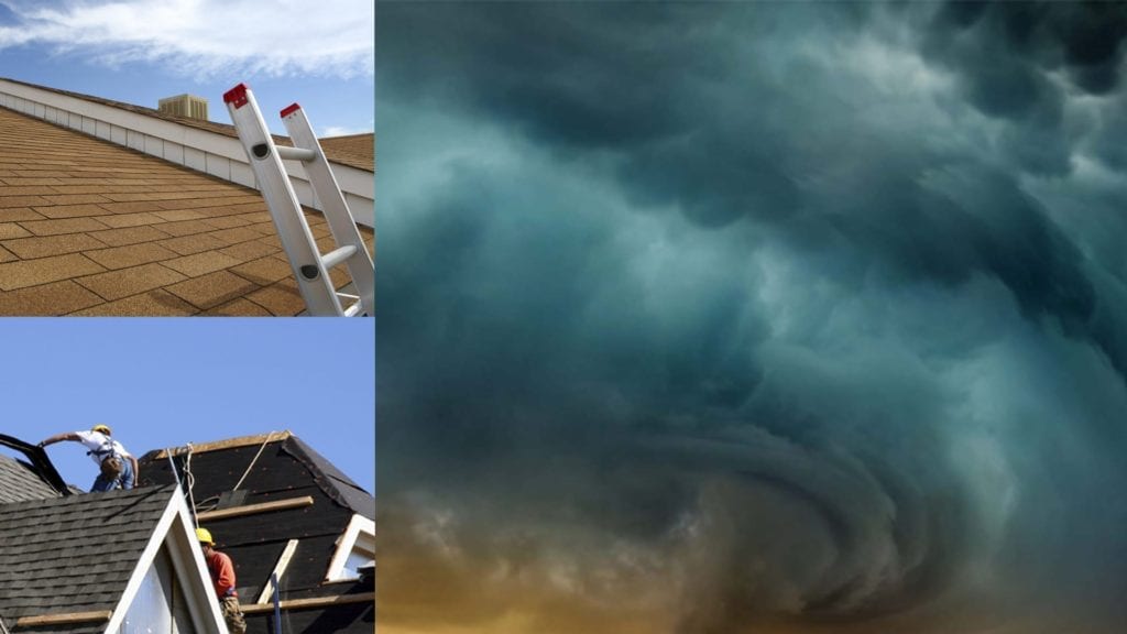 montage of storm clouds and roof work