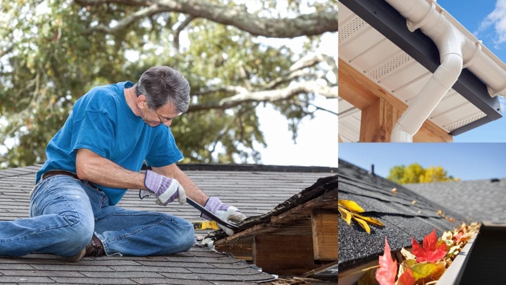montage of roofer making maintenance repairs to damaged roof, gutter and downspout