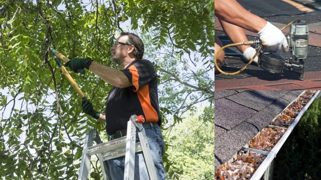 montage of nailing shingles, a gutter, and a man pruning a tree