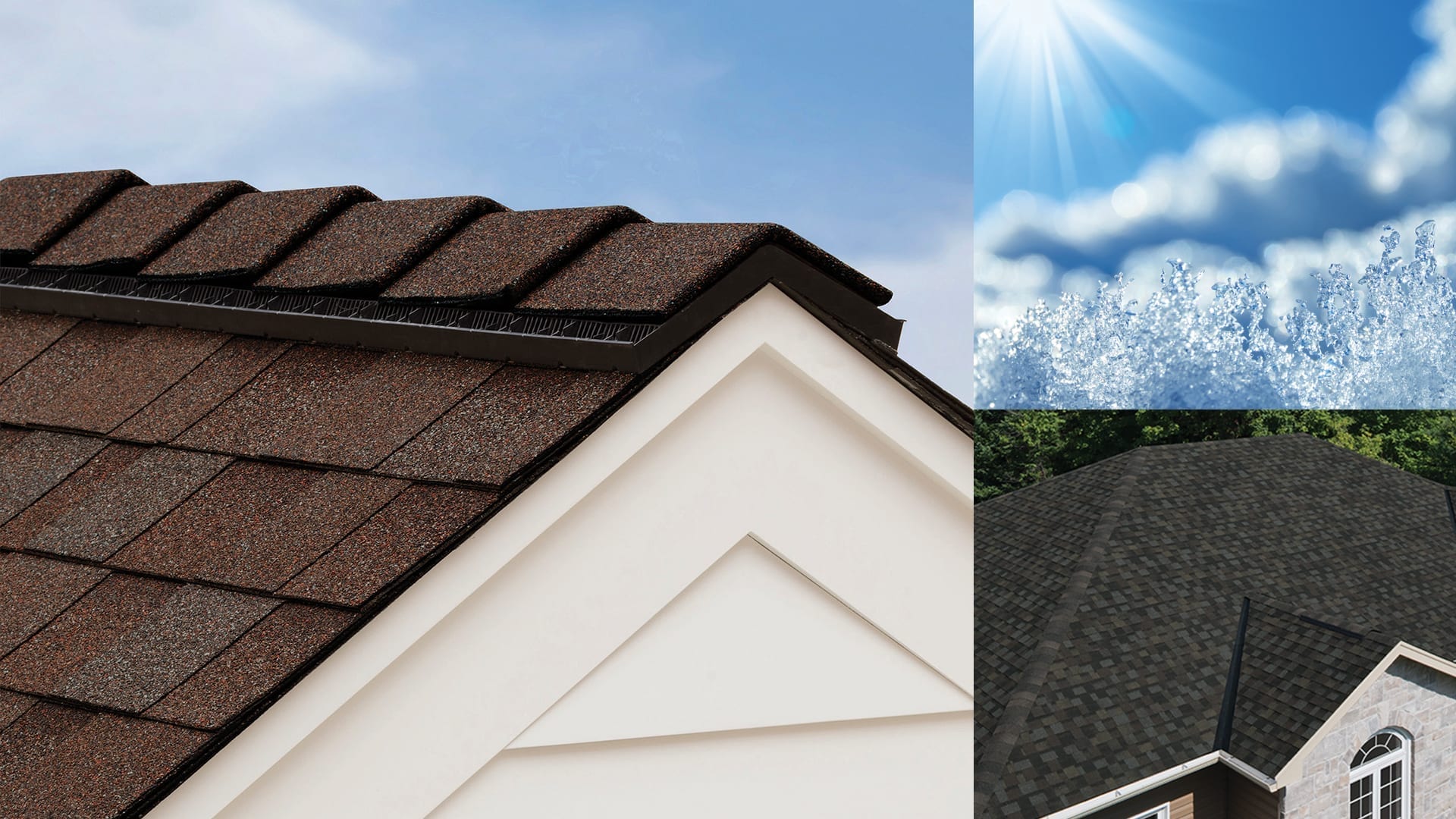 montage of ridge cap shingles, sky, and house