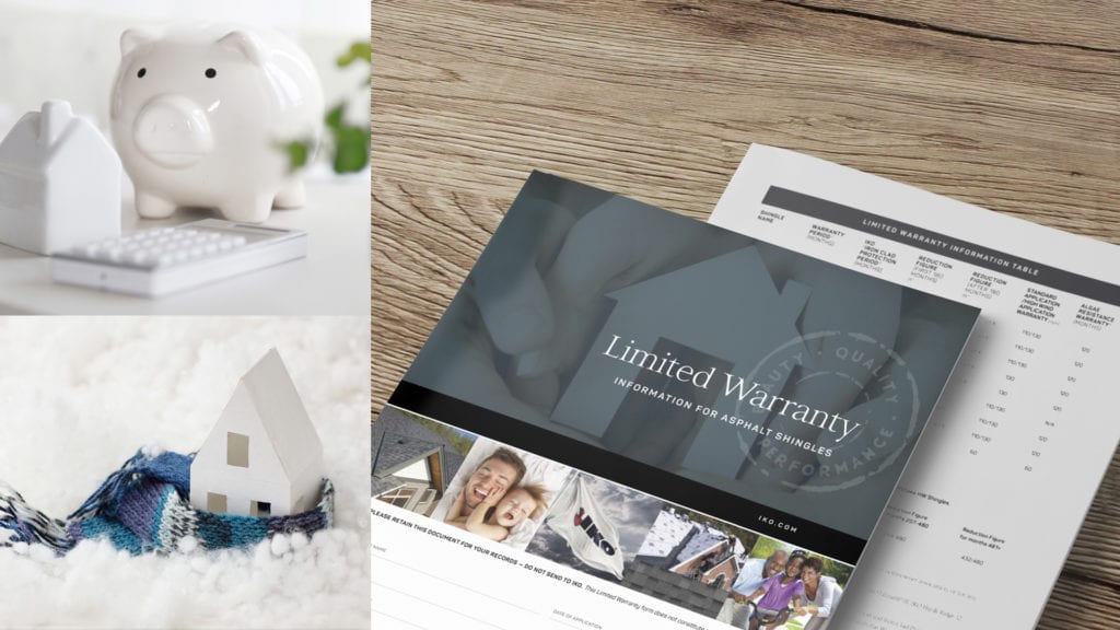 montage of an IKO warranty brochure, piggy bank and small house