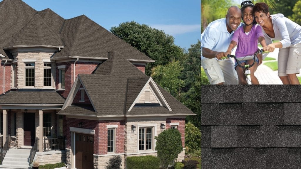 montage of shingles, a house, and a family
