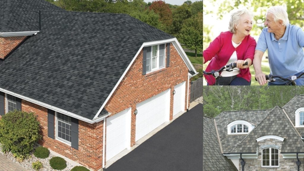 montage of two houses, and two people on bicycles