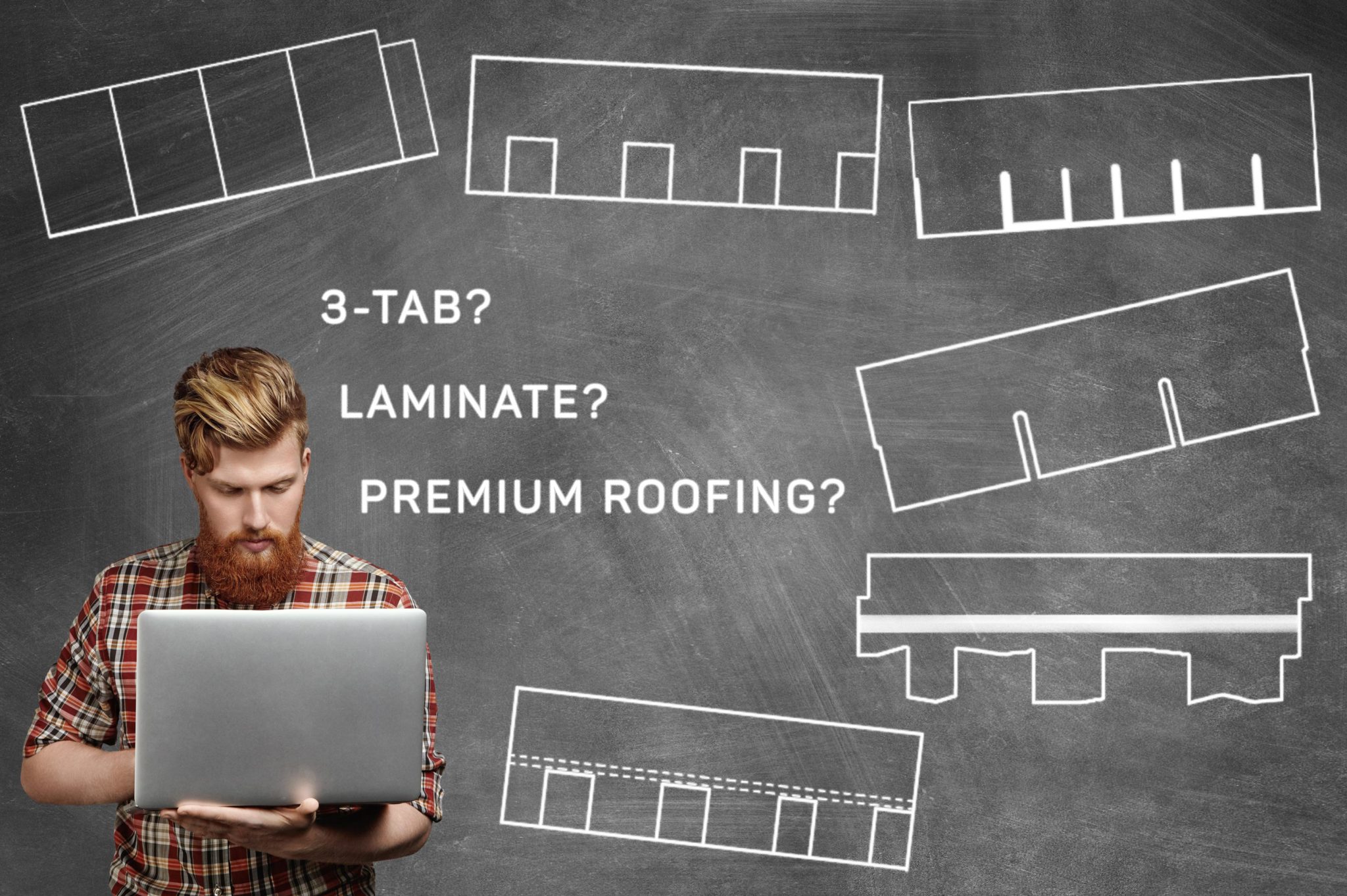 man with laptop and shingle designs on a chalkboard