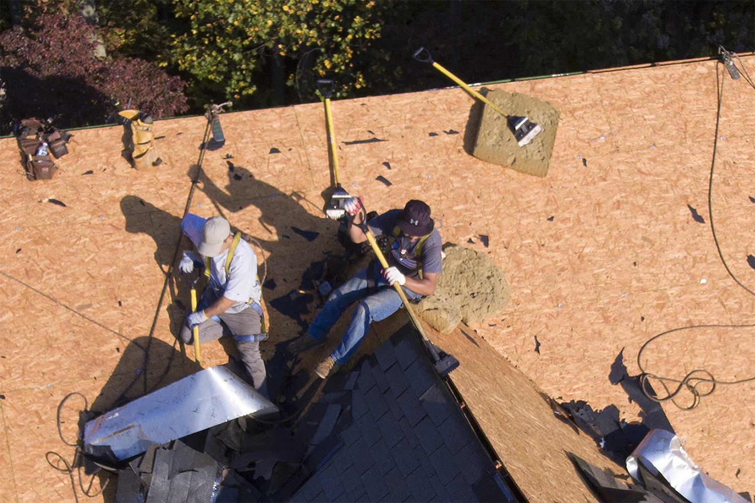 roofers using roof-stripping shovel tool to tear shingles off roof
