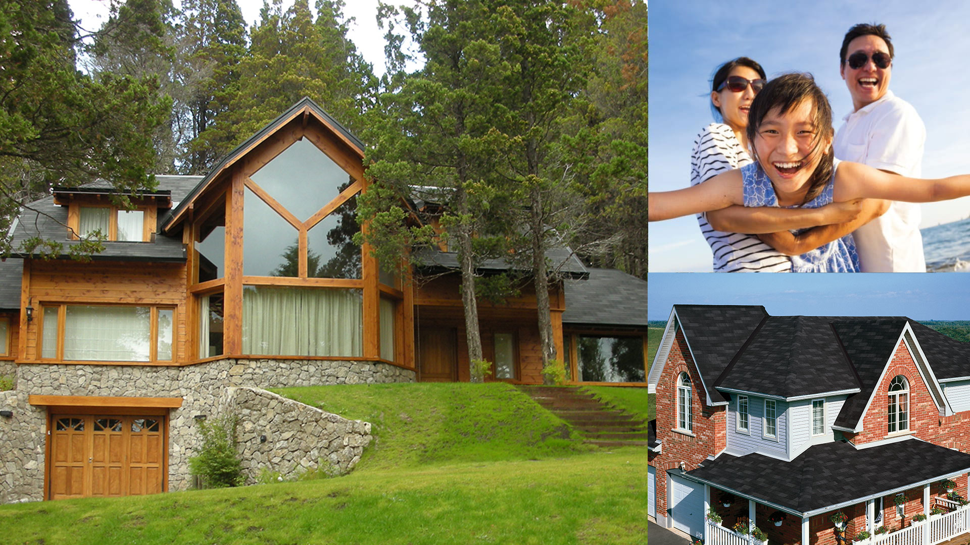 montage of two houses and a family