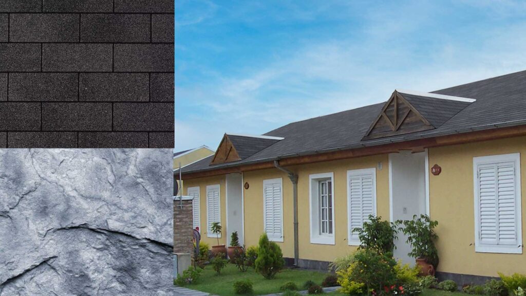montage of a house, stone, and shingles