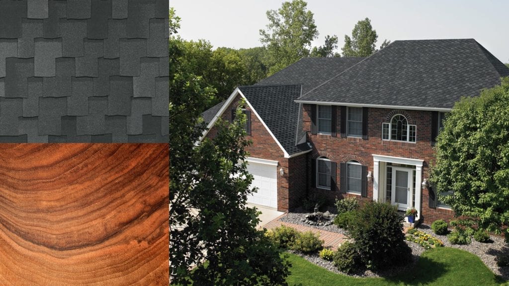 montage of a house, shingles, and wood grain