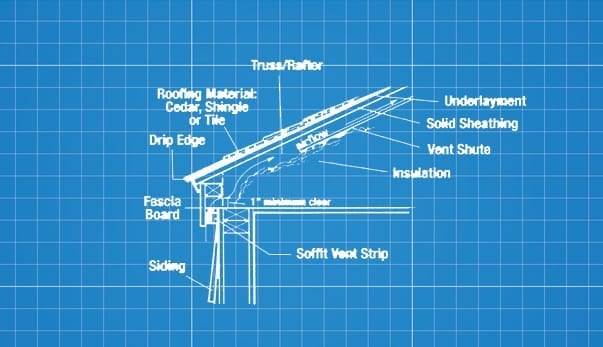 blueprint cross-section of sloped roof assembly