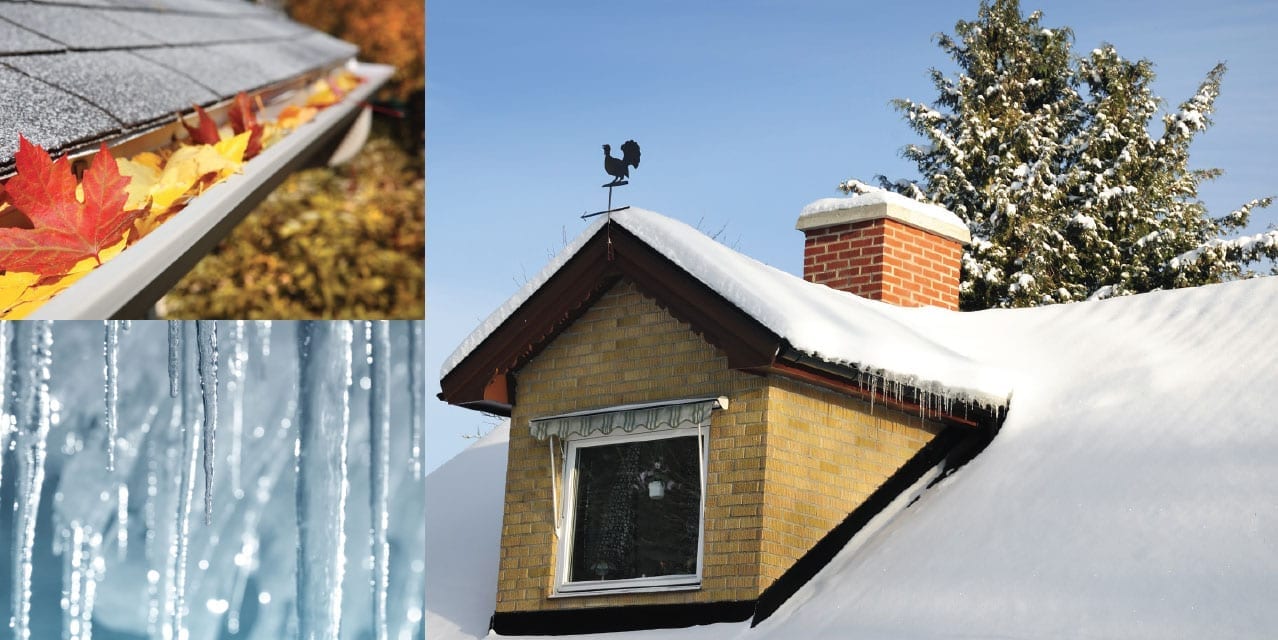 montage of snow on roof, icicles, leaves in a gutter