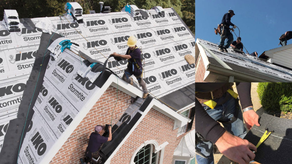 montage of roofers installing shingles 