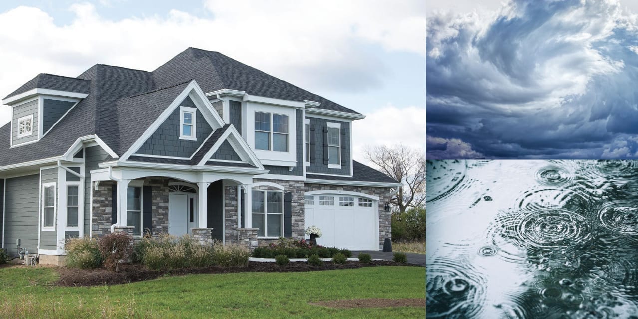 montage of house, clouds, rain in a puddle