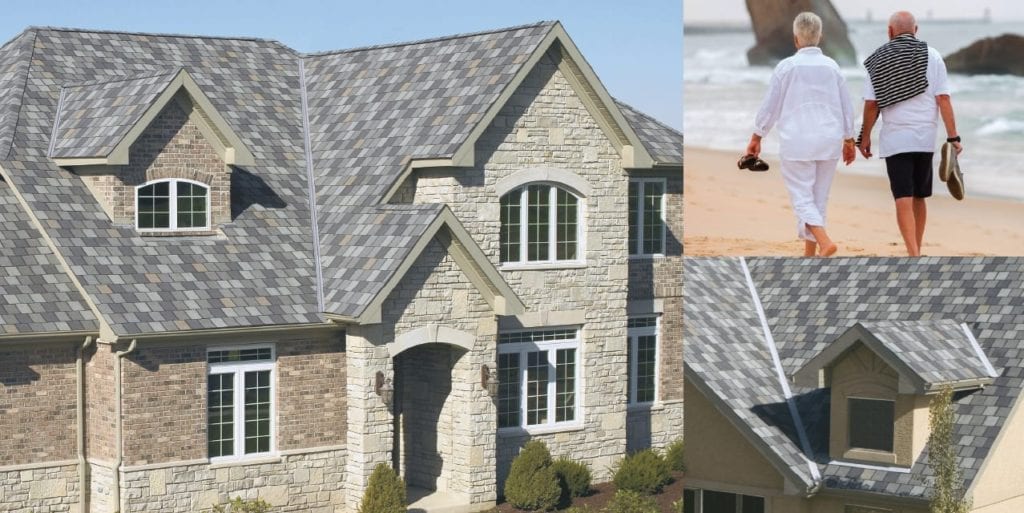 montage of IKO Crowne Slate homes and couple on a beach