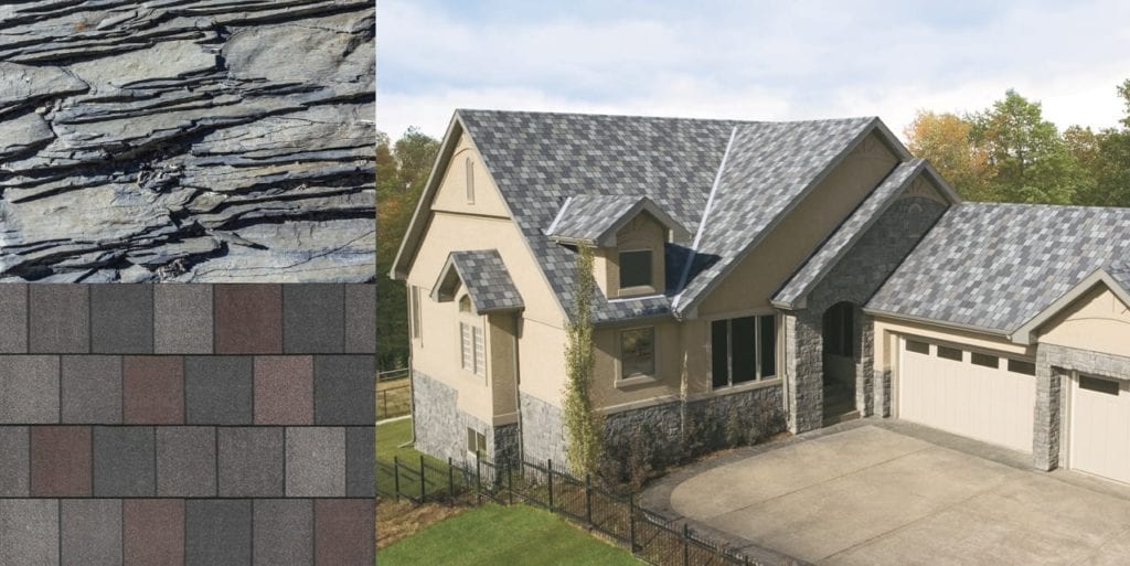 montaje de tejas, piedra y una casa