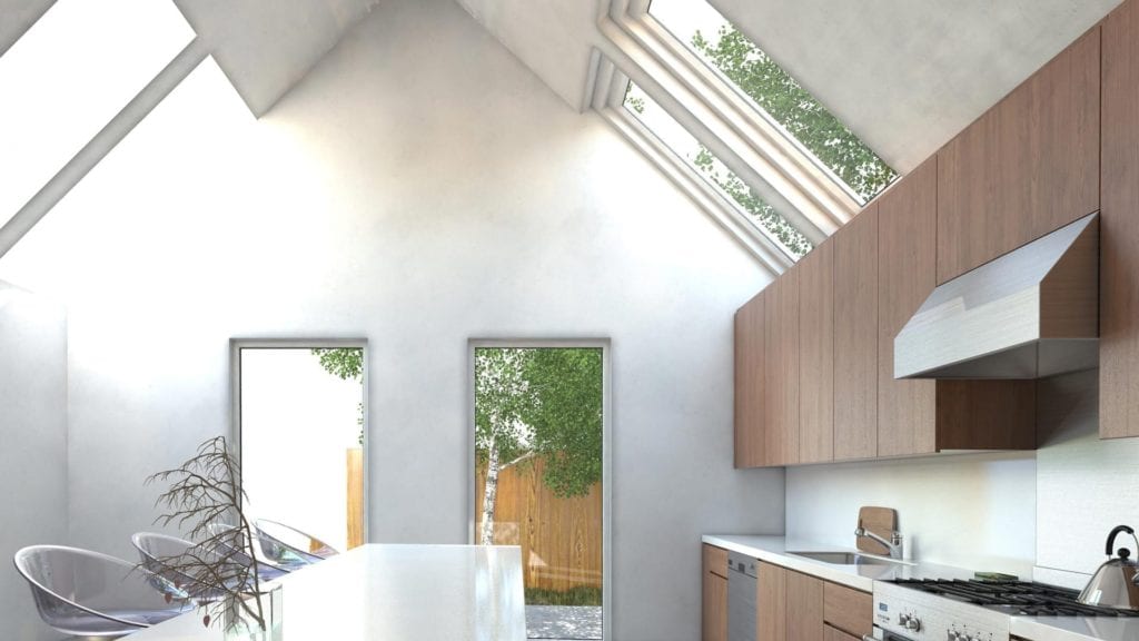 home's kitchen with two skylights in the ceiling