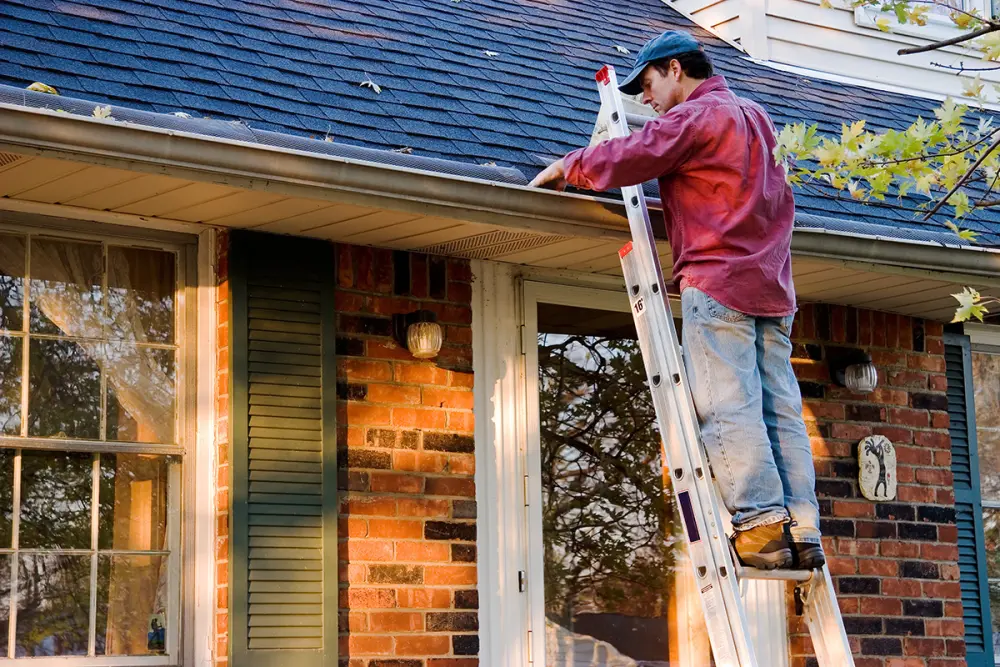 man on ladder cleaning tree leaves from gutters