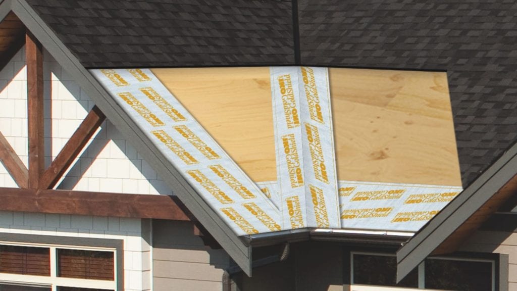 exposed corner of a roof showing IKO GoldShield on the valley, rake, and eave