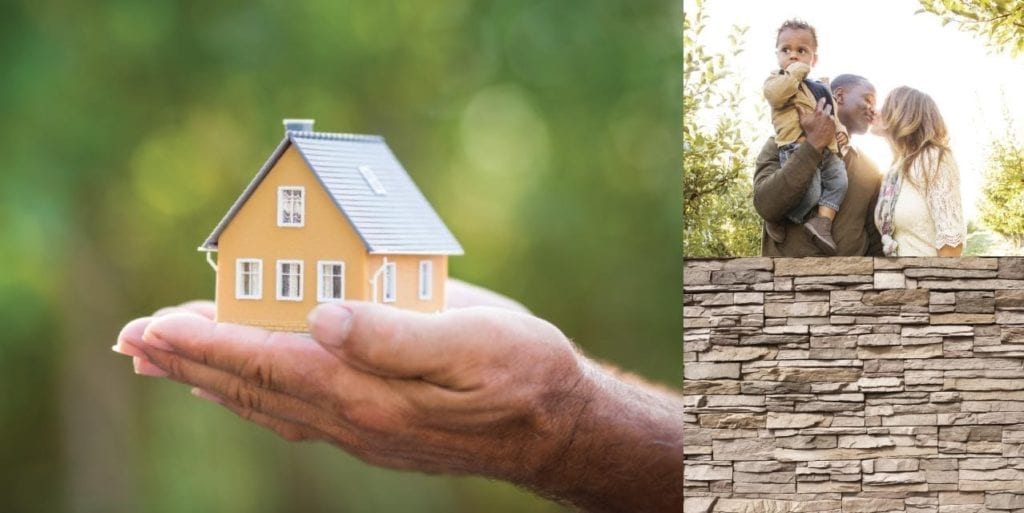 montage d'une personne tenant une petite maison, une famille et un mur de pierres