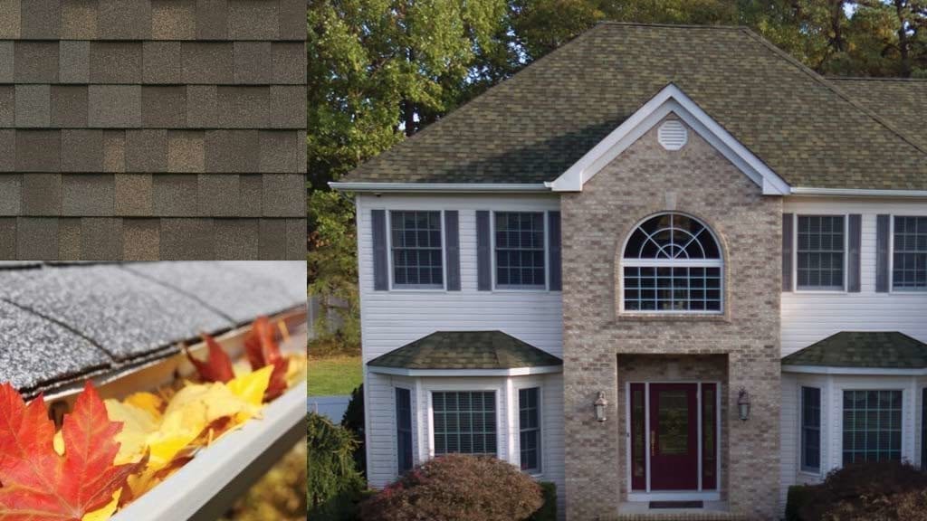 montage of a house, leaves in a gutter and IKO laminated shingles