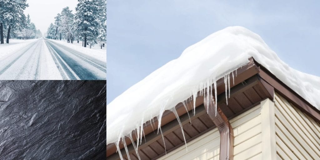 montage of rock, winter road, and icicles