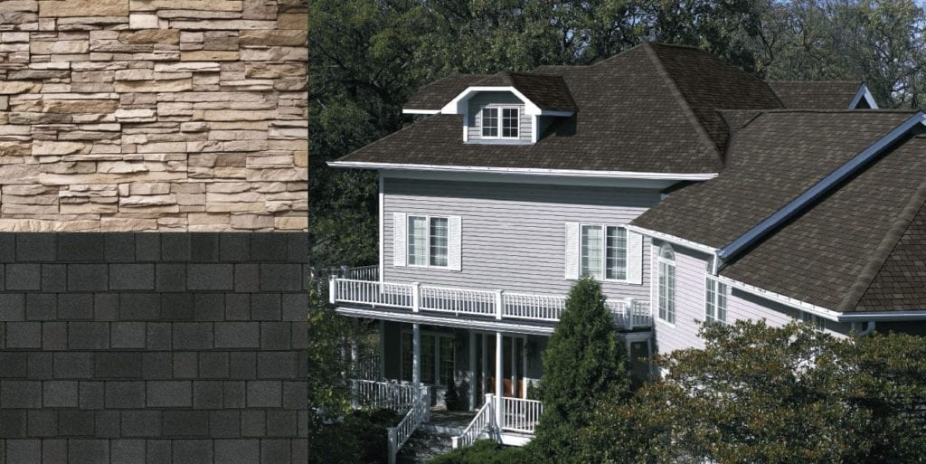 montage of a stone wall, shingles, and a house