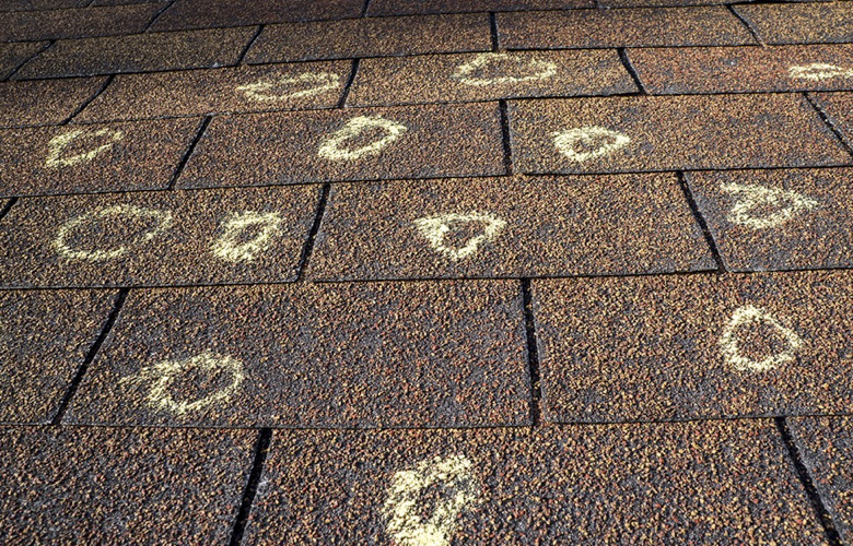 traces de dommages causés par la grêle sur un toit de bardeaux