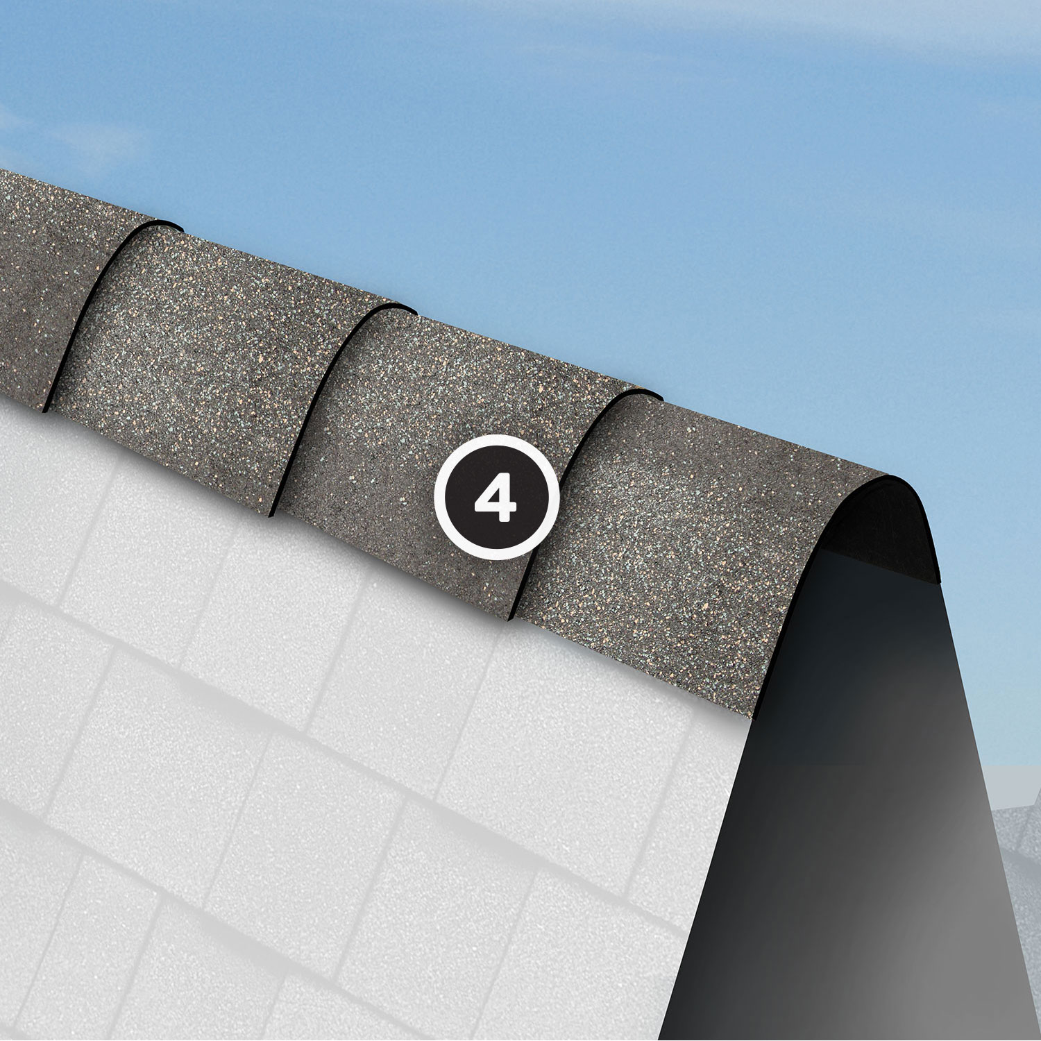 ridge cap shingles installed on a simulated ridge 