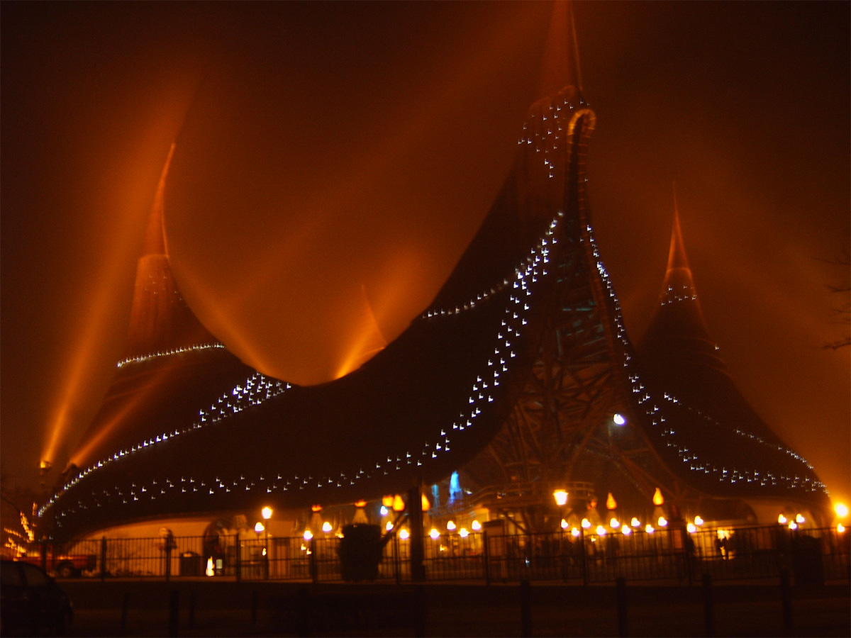 House of Five Senses circus roof lit up at night in Kaatsheuvel, Netherlands