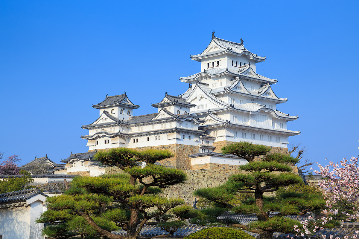 restored roof of the Himeji White Heron Castle in Himeji, Japan