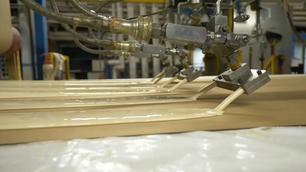 Close-up of nozzles applying coating onto roofing material on an IKO production line